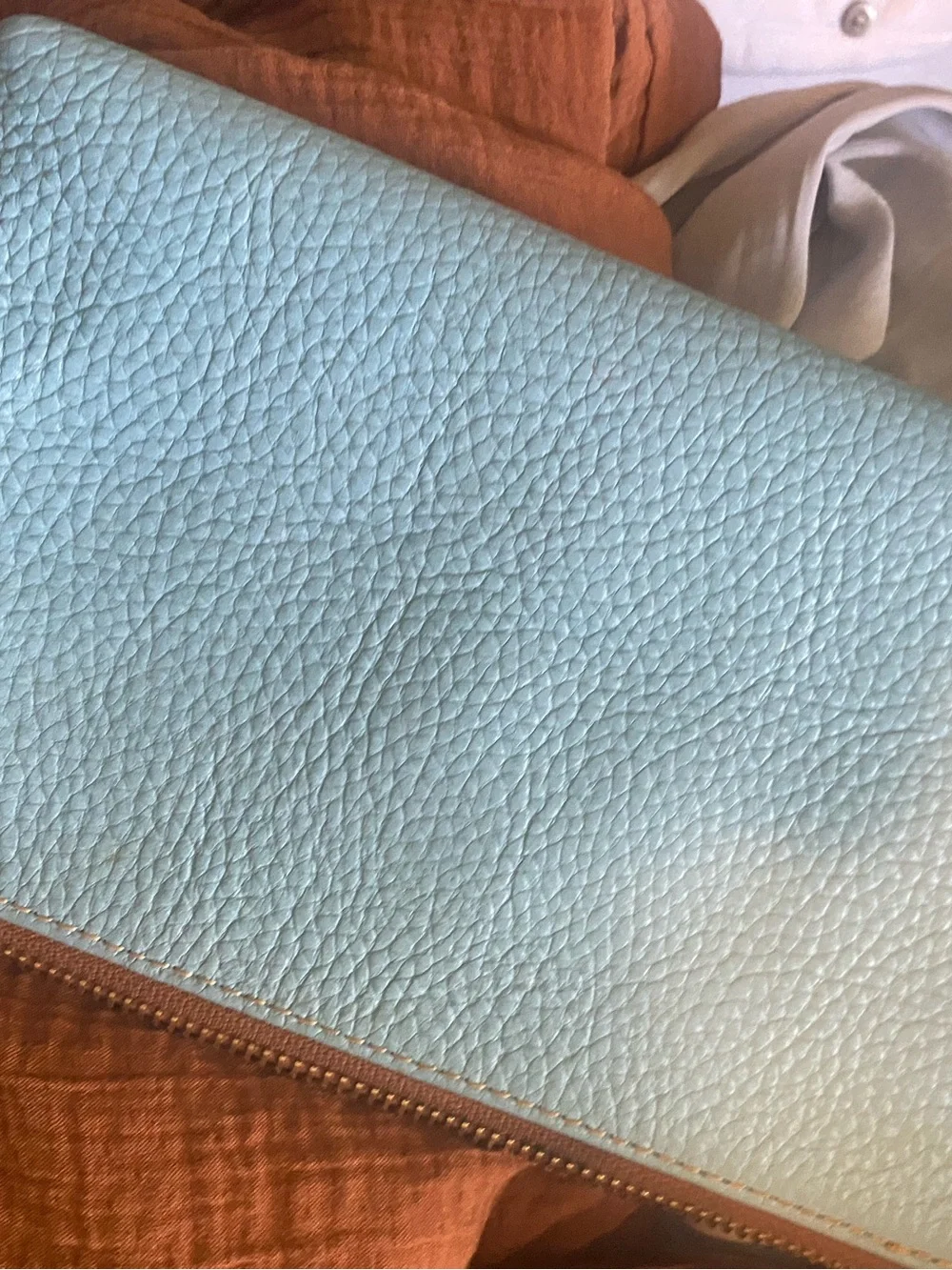 Dooney & Bourke Light Blue Pebbled Leather Clutch with Brown Trim